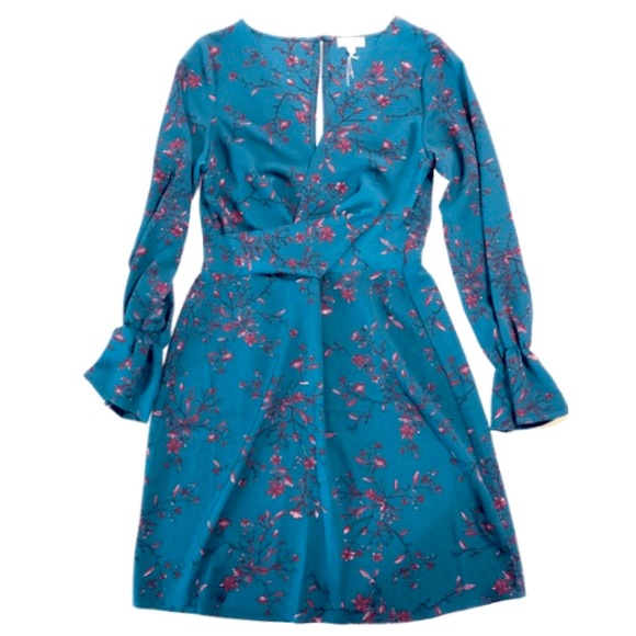 Long Sleeve V-Neck Teal with Floral Print Dress - Picture 7 of 8